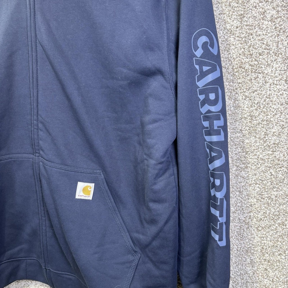 Carhartt Hoodie Mens XL Blue Fleece Full Zip Sleeve Logo Loose Fit Sweatshirt - Picture 2 of 7